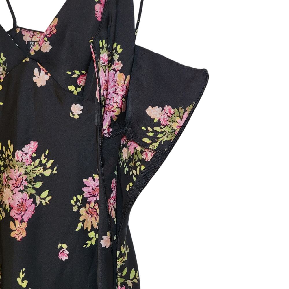 ZARA Floral Sleeveless Black Pink Midi Slip Dress Romantic Size S - Picture 6 of 16
